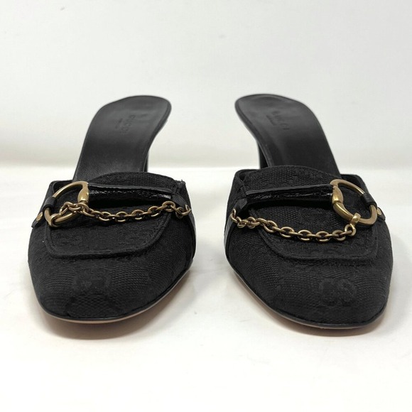Vintage Gucci GG Monogram Horsebit Chain Mule Heels Y2K Black 37.5 C - Picture 3 of 10